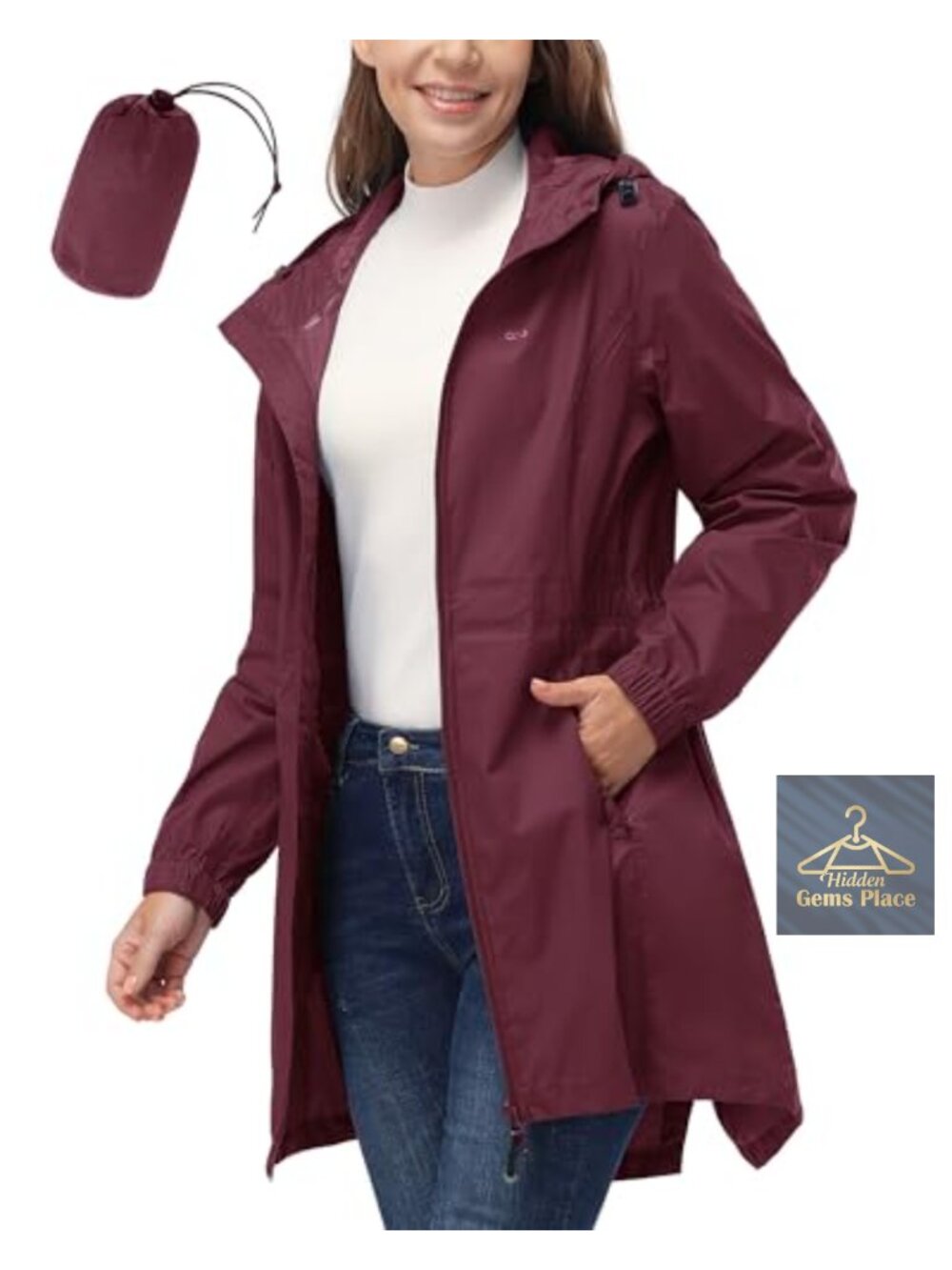 Women's Waterproof Long Rain Coat Packable Jacket with Hood